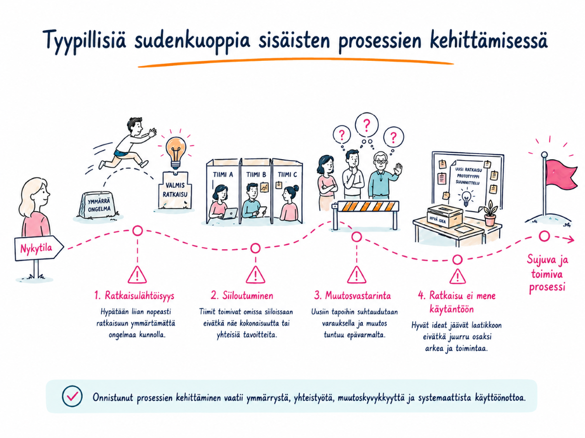 Infograafi kuvaa neljä sisäisten prosessien kehittämisen sudenkuoppaa matkalla nykytilasta toimivaan prosessiin: ratkaisulähtöisyyden, siiloutumisen, muutosvastarinnan ja ratkaisun jäämisen ilman käyttöönottoa.