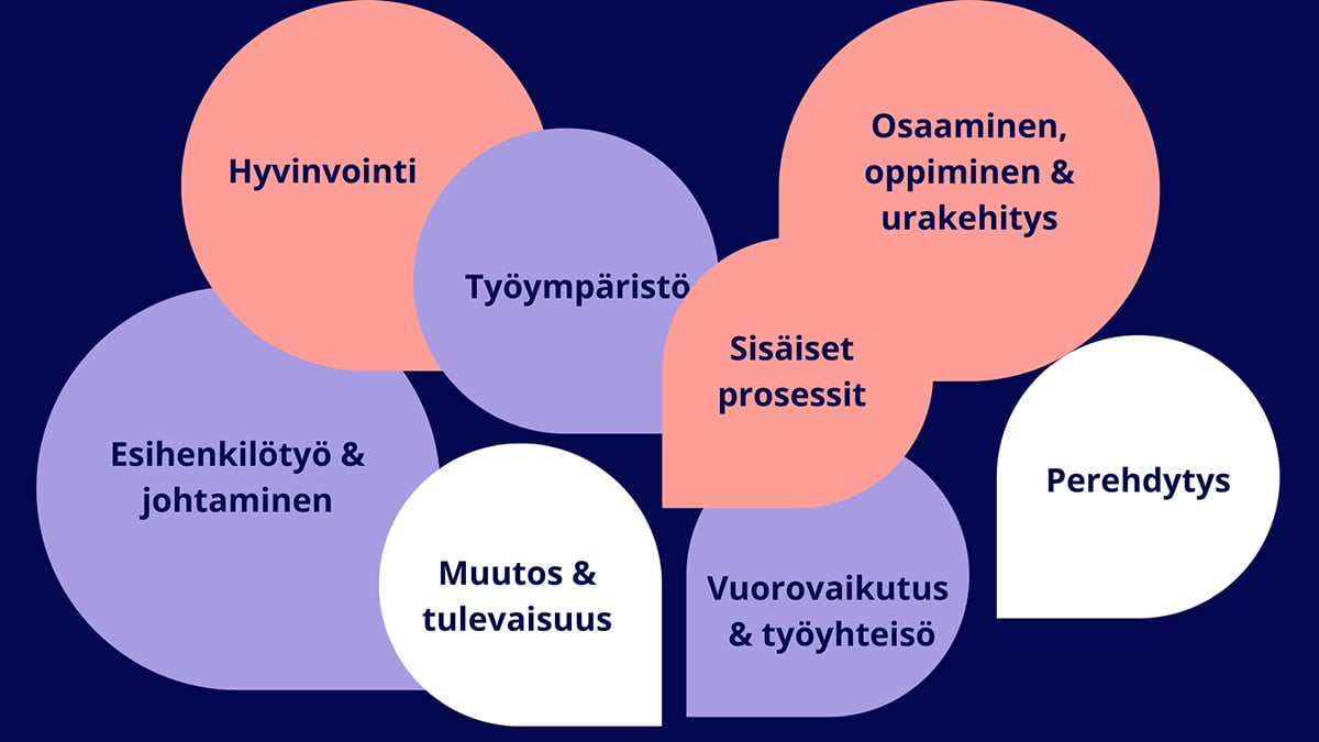 Työntekijäkokemuksen kahdeksan ajankohtaista kehittämistarvetta: hyvinvointi, työympäristö, osaaminen, oppiminen ja urakehitys, sisäiset prosessit, esihenkilötyö ja johtaminen, muutos ja tulevaisuus, vuorovaikutus ja työyhteisö sekä perehdytys.