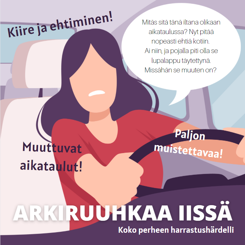 Koko perheen harrastushärdelli -arkiskenaario, jossa kuvataan lasten harrastuksiin kuljettamista, muuttuvia aikatauluja ja muistettavia asioita.